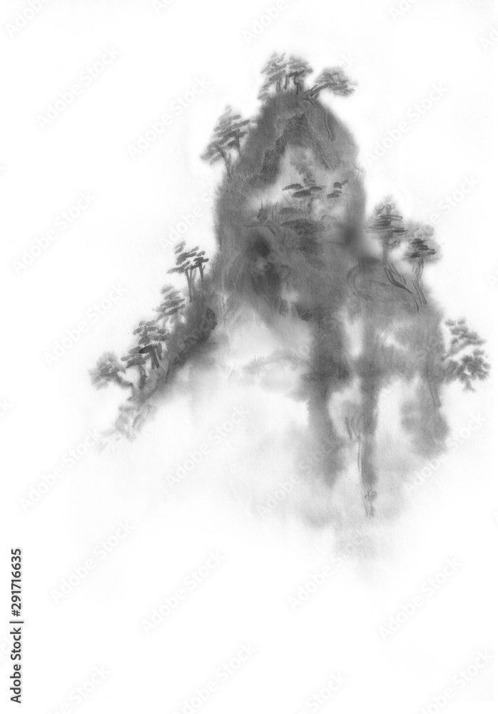 Background with mountains. Ink mountain. Black and white image. Ink Chinese mountain landscape. Mountains in the fog. Trees on the mountain. Ink image. Pines. Hill, mountain, peak Background with mountains. Ink mountain. Black and white image. Ink Chinese mountain landscape. Mountains in the fog. Trees on the mountain. Ink image. Pines. Hill, mountain, peak