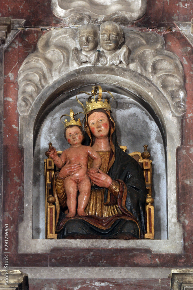 Virgin Mary With baby Jesus, statue on the altar of Saint Roch in the church of Saint Mark in Korcula, Korcula island, Croatia