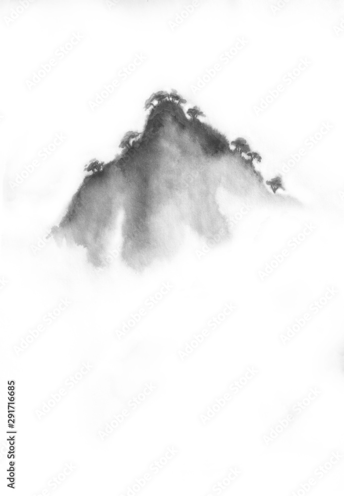 Background with mountains. Ink mountain. Black and white image. Ink Chinese mountain landscape. Mountains in the fog. Trees on the mountain. Ink image. Pines. Hill, mountain, peak