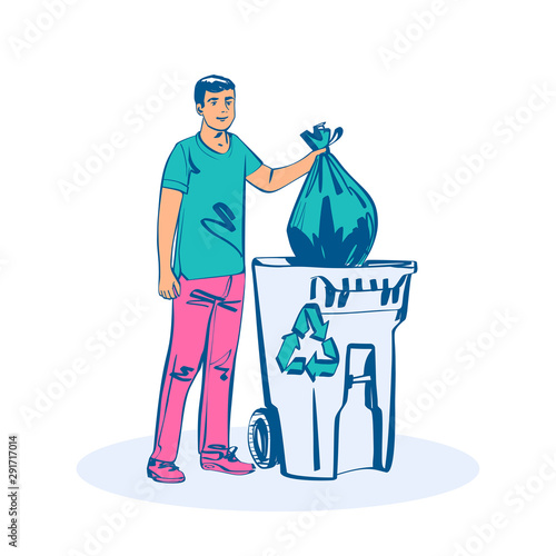 Man throwing trash bags in container. Vector illustration sketch design. Isolated on white background. Trash can with recycle icon. Eco mark.