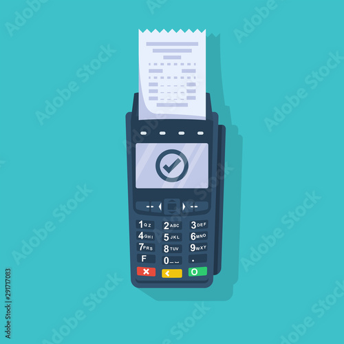 Payment terminal with paper check. NFC POS terminal for payment. Card reader machine. Vector illustration flat design. Isolated on background.
