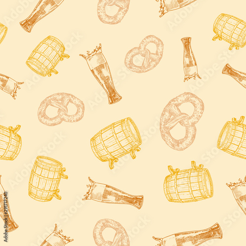 Beer Vector Seamless Background Pattern. Hand Drawn Pretzel, Barrel, and Glass Sketches. Octoberfest Celebration Greeting Card, Wrapping, Wallpaper or Cover Template