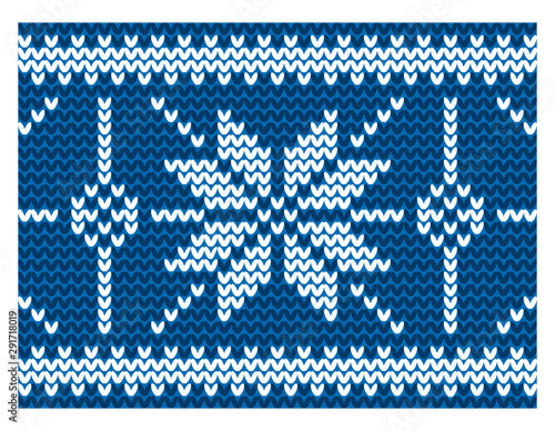 Knitting snowflakes on knitting needles. Winter knitting pattern, vector illustration. Christmas sweater design.