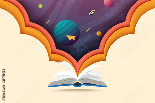 Paper art of open book and explore to outer space.Concept of learning and education.Vector illustration.