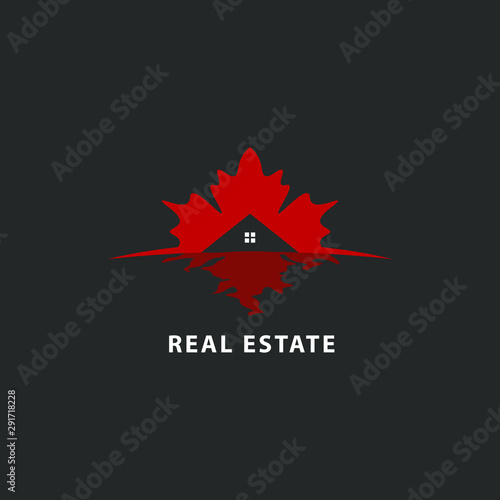 Red maple leaf  real estate logo isolated. House vector image