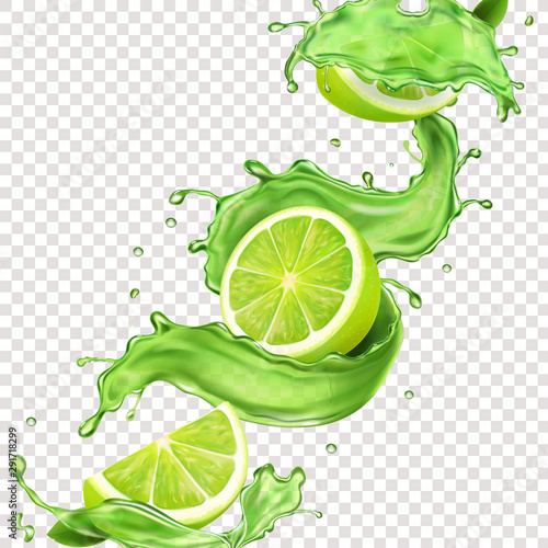 Lime fruit in green juice splash for advertising. Vector mojito splashing cocktail or citrus tonic