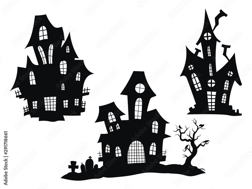 Set of haunted houses for Halloween. Collection of castles with monsters. Black house sieves. Vector illustration for kids. Tattoo. Векторный объект Stock