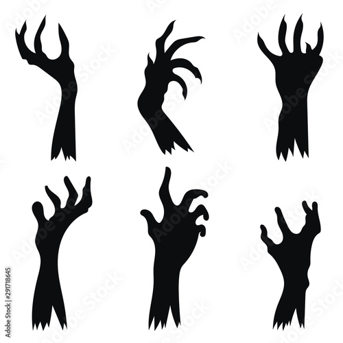Set of hand zombies crawling out of the ground. Collection of black silhouettes of the hands of the dead. Vector illustration of elements for halloween. Tattoo.