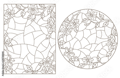 Set of contour illustrations in stained glass style with floral arrangements, dark contours on a white background
