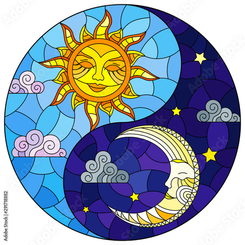 Illustration with sun and moon on sky background in the form of Yin Yang sign, circular image