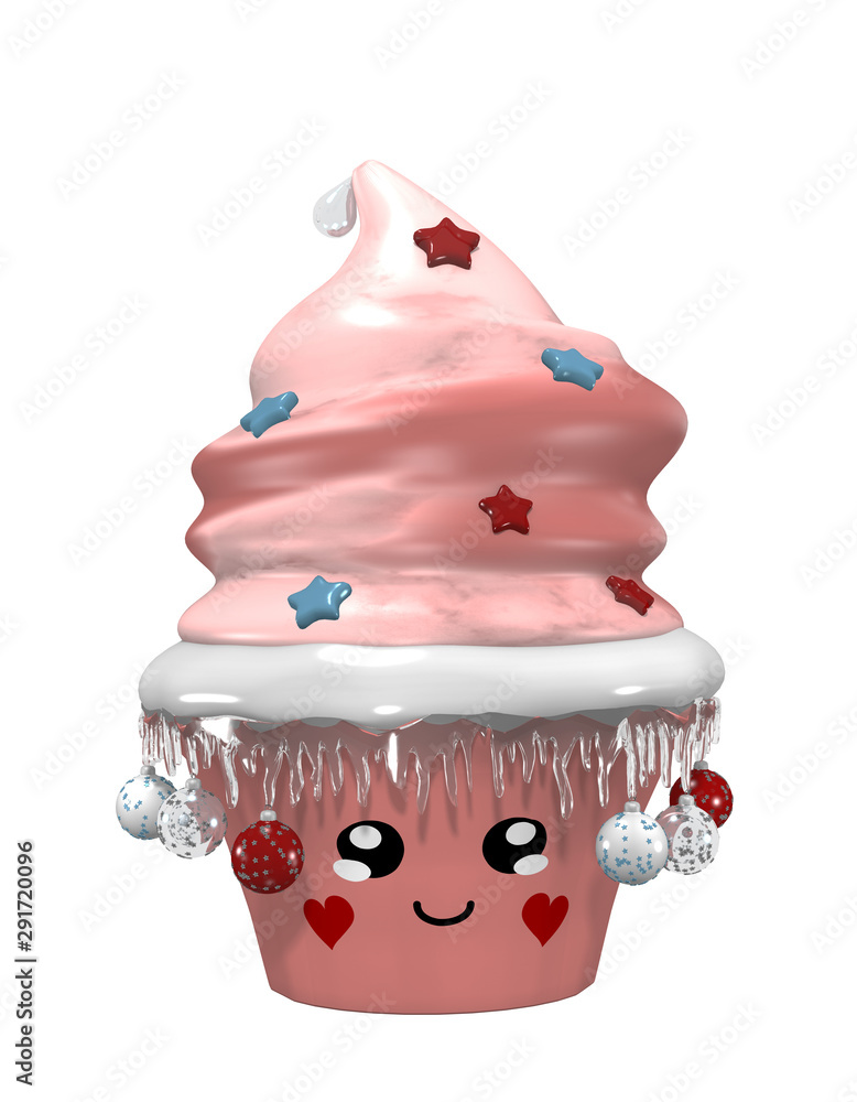 niedlicher Cupcake zu Weihnachten mit Christbaumkugeln, Eiszapfen und lächelndem Gesicht. niedlicher Cupcake zu Weihnachten mit Christbaumkugeln, Eiszapfen und lächelndem Gesicht.