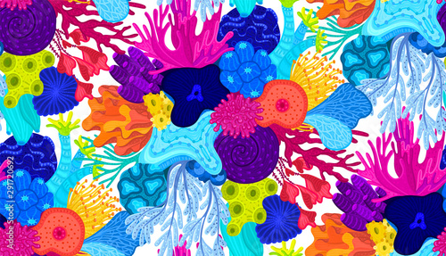 Vector seamless pattern with corals. Background with colorful sea or ocean life. Underwater world. Design for attributes of water park, aquarium. Wrapping paper, package, wallpaper, textile, label