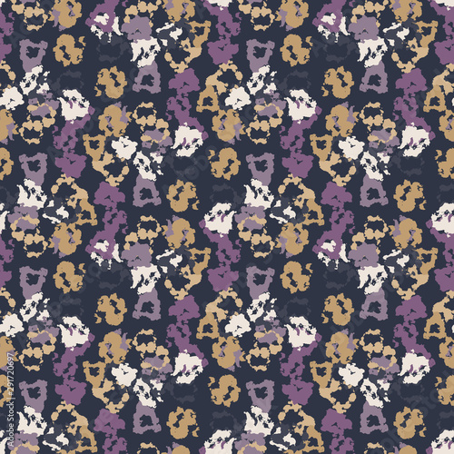 Hand drawn abstract animal skin camouflage seamless pattern. Modern textile spots hand drawn in moody purple. All over print wax resist for masculine trendy camo packaging. Swatch repeat background
