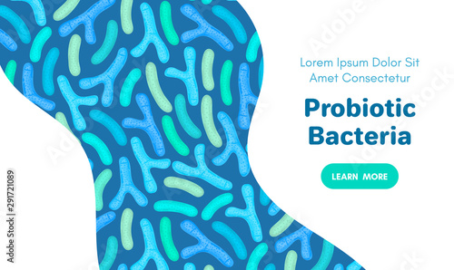 Vector background with probiotics. Bifidobacterium, lactobacillus. Lactic acid bacterium. Microbiome. Medicine or dietary supplement. Landing page, banner, mailing, advertising, label, presentation