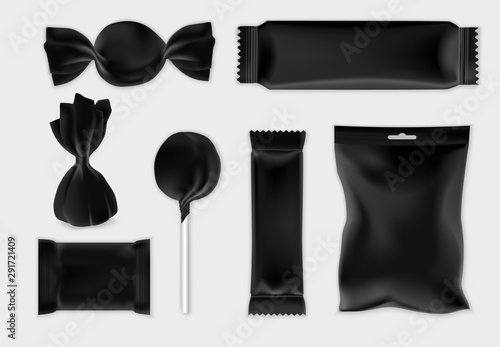 Chocolate and candy packaging black mockup set, vector isolated illustration