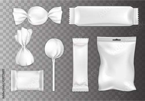 Chocolate and candy packaging white mockup set, vector isolated illustration