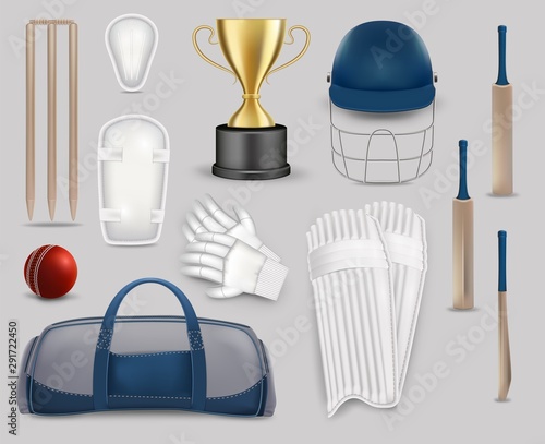 Cricket game equipment set, vector isolated illustration