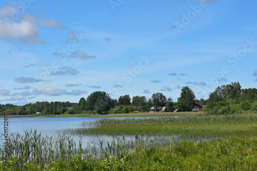 Village summer landscape, lake and houses