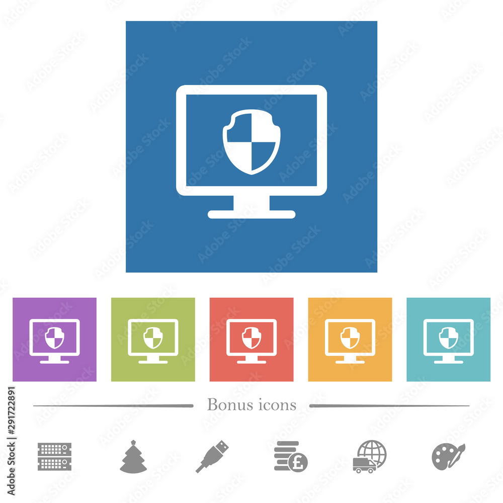 Computer security flat white icons in square backgrounds