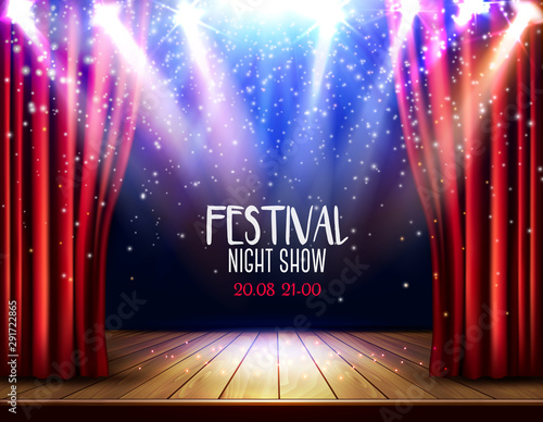 A theater stage with a red curtain and a spotlight. Festival night show background. Vector. photo