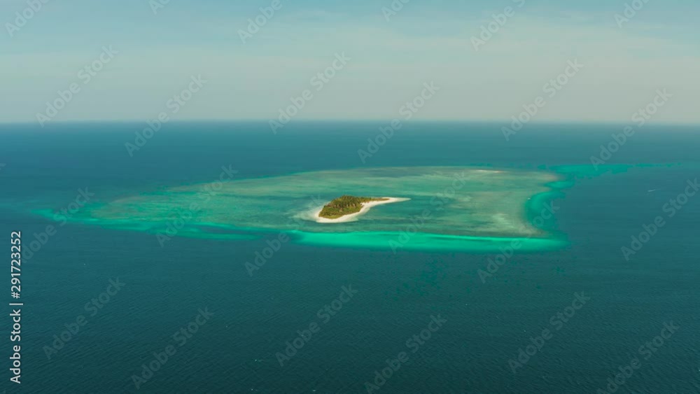 Tropical island Canimeran with sandy beach in the blue sea with coral reef, top view. Balabac, Palawan, Philippines. Small island with palm trees and white sand. Tropical island Canimeran with sandy beach in the blue sea with coral reef, top view. Balabac, Palawan, Philippines. Small island with palm trees and white sand.