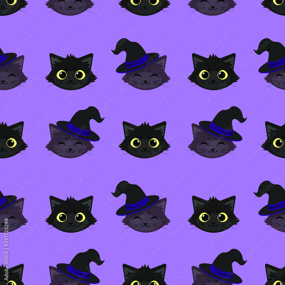 Fototapeta premium Seamless pattern with cute Halloween kittens on purple background. Holiday design for greeting halloween cards, fabric, gift boxes, wallpapers, web design.