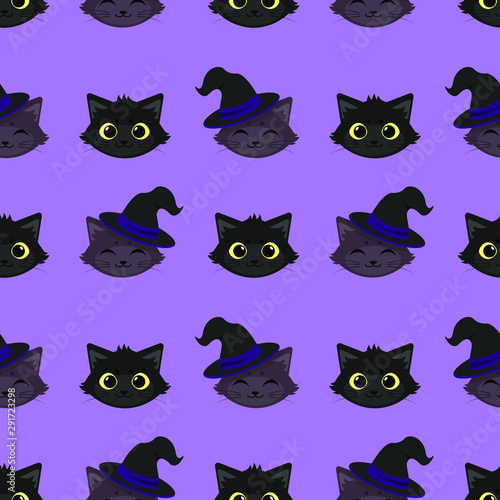 Fototapeta Naklejka Na Ścianę i Meble -  Seamless pattern with cute Halloween kittens on purple background. Holiday design for greeting halloween cards, fabric, gift boxes, wallpapers, web design.
