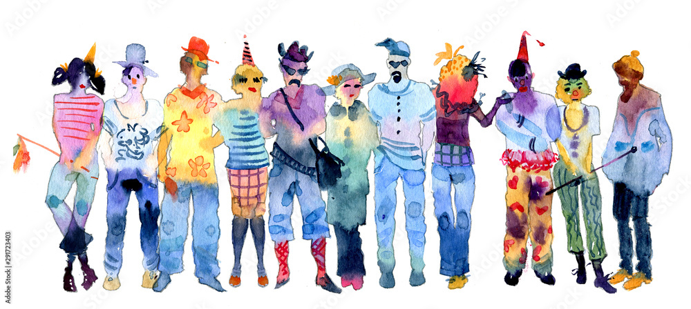 Obraz premium People, youth, watercolor illustration. People at the party. Holiday, carnival, New Year. Drawings on a white background.