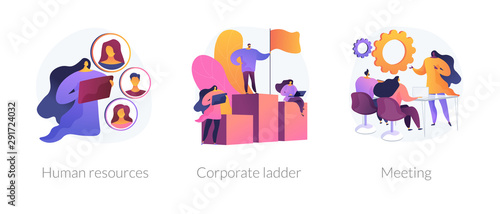 Staff management icons set. Job promotion, leadership ways. Business conference. Human resources, corporate ladder, meeting metaphors. Website web page template - concept metaphors.