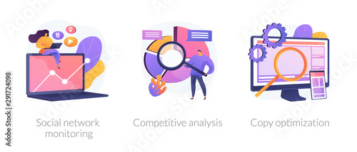 Internet advertisement analytics icons set. SEO solutions search. Social network monitoring, competitive analysis, copy optimization metaphors. Vector isolated concept metaphor illustrations.