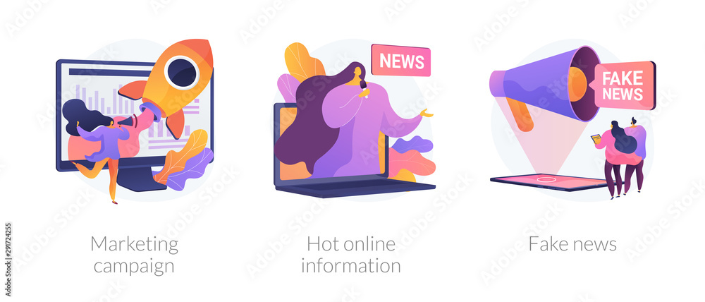 Press and mass media icons set. Propaganda newscast, untruth information spread. Yellow press, hot online information, fake news metaphors. Vector isolated concept metaphor illustrations. Press and mass media icons set. Propaganda newscast, untruth information spread. Yellow press, hot online information, fake news metaphors. Vector isolated concept metaphor illustrations.