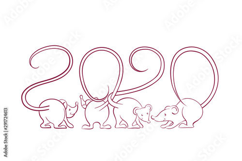 2020 New Year card with mouse silhouettes with tails that intertwist in the form of numbers isolated on a white background. Vector illustration. Design concept for holiday banner, decorative element.