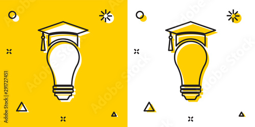Black Light bulb and graduation cap icon isolated on yellow and white background. University Education concept. Random dynamic shapes. Vector Illustration