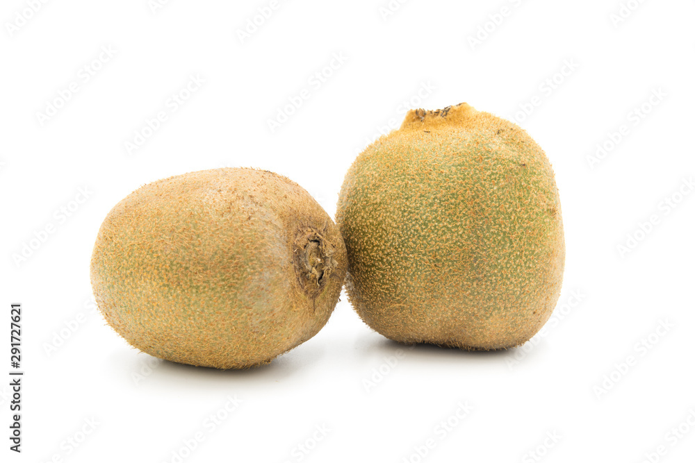 Two fresh whole kiwi close-up isolated white