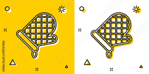 Black Oven glove icon isolated on yellow and white background. Kitchen potholder sign. Cooking glove. Random dynamic shapes. Vector Illustration