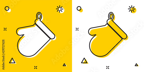 Black Oven glove icon isolated on yellow and white background. Kitchen potholder sign. Cooking glove. Random dynamic shapes. Vector Illustration