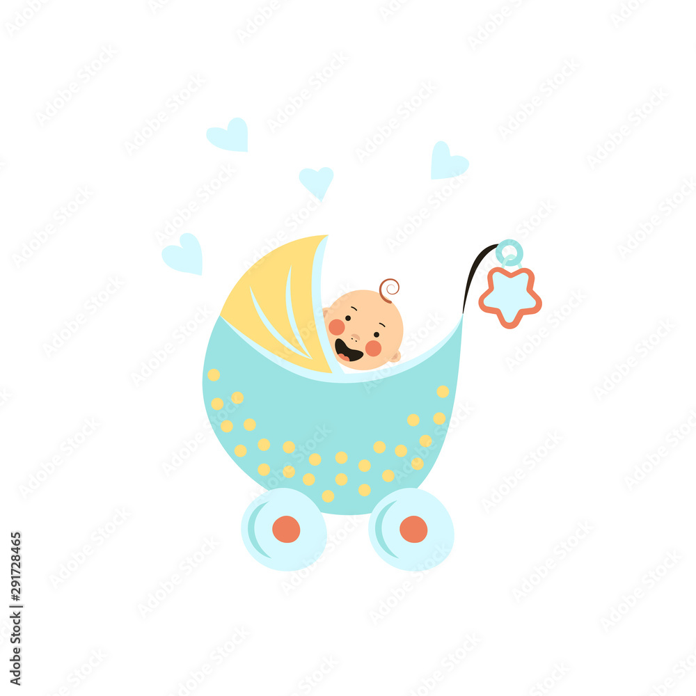Cartoon style icon of a happy baby boy in a baby carriage. Baby shower. Cartoon style icon of a happy baby boy in a baby carriage. Baby shower.