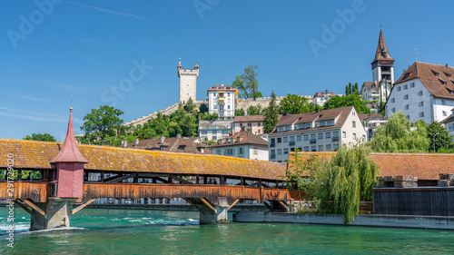 Scenic panorama view on city Lucerne, old town and river