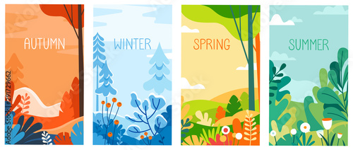 Seasonal vertical banners for social media stories wallpaper - autumn, winter, spring and summer landscapes