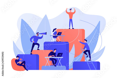 Business people work and climb the corporate ladder. Employment hierarchy, career planning, career ladder and growth concept on white background. Pink coral blue vector isolated illustration