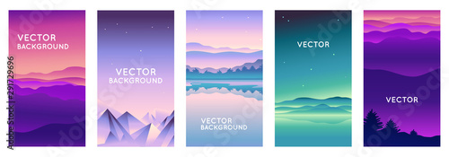 Vector set of abstract backgrounds with copy space for text and bright vibrant gradient colors - landscape with mountains and hills  - vertical banners and background for  social media stories, banner photo