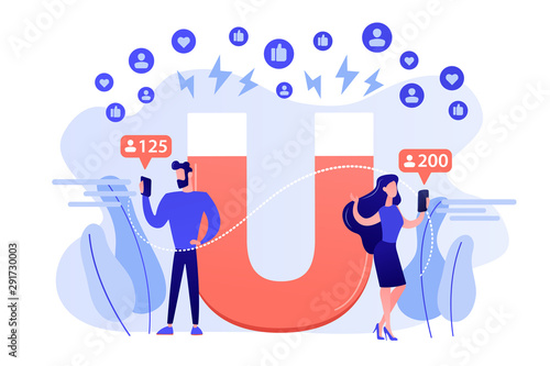 Generating new leads advertising strategy. Aiming at target audience. Attracting followers, follow us on social media, subscriber counting concept. Pink coral blue vector isolated illustration