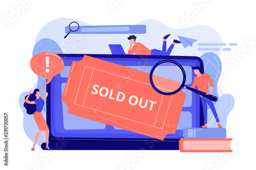 Popular show, best concerts and music festivals searching. Online booking system. Sold-out event, sold-out crowd, no tickets available concept. Pink coral blue vector isolated illustration