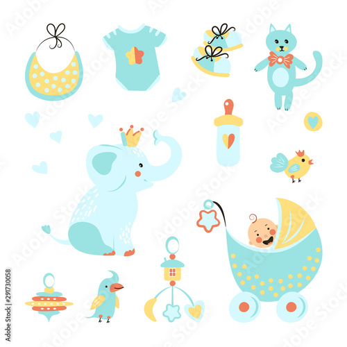 Fototapeta Naklejka Na Ścianę i Meble -  Icons of cute elephant, shoes, bib, rattle, overalls, cat, fish, parrot toy, baby boy in the stroller for a baby shower.