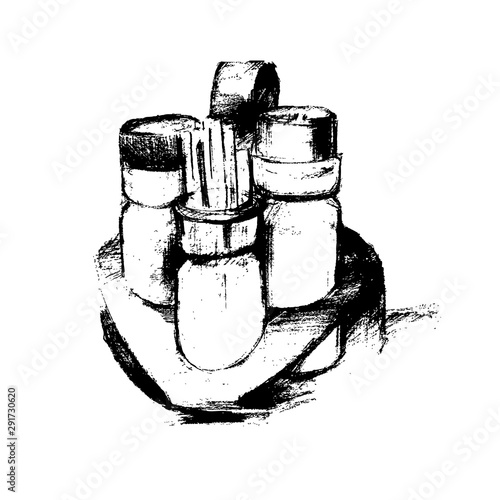 Salt shaker, pepper shaker and toothpicks Graphic sketch illustration isolated on white background. Vector