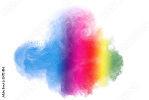 Freeze motion of colorful color powder exploding on white background.  Paint Holi.