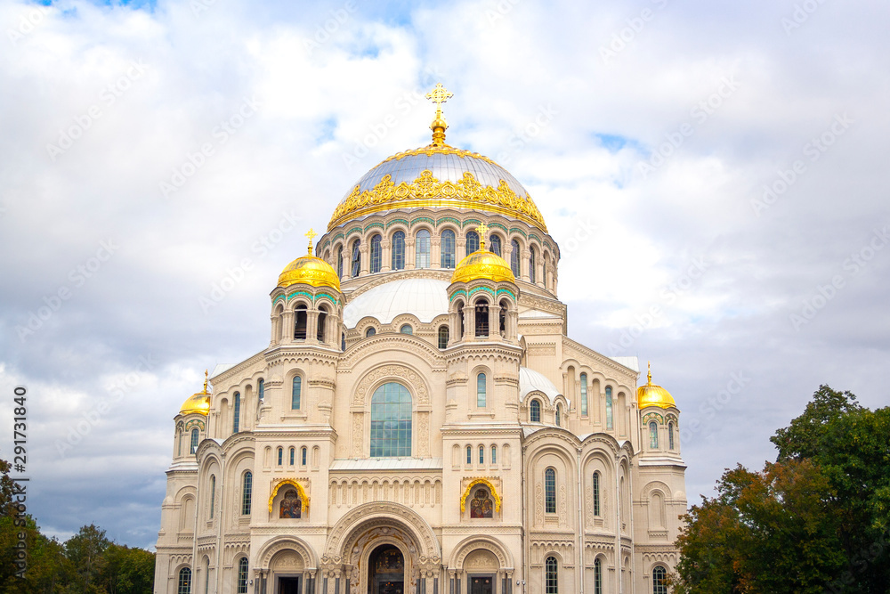 Nicholas the wonderworker's church on Anchor square in kronstadt town Saint Petersburg. Naval christian cathedral church in russia with golden dome, unesco architecture at sunny day