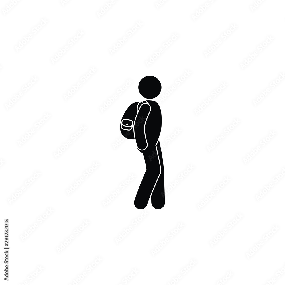 Obraz premium Tourist pictogram. Icon man with a backpack isolated on white background. Stick figure human silhouette.