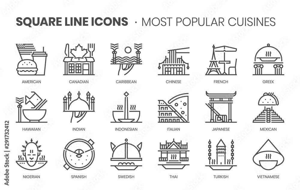 Popular Cuisines related, square line vector icon set for applications and website development. The icon set is pixelperfect with 64x64 grid. Crafted with precision and eye for quality.