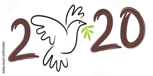 Illustration au trait d’une colombe avec un rameau d’olivier, pour souhaiter une année 2020 sous le signe utopique de la paix dans le monde.